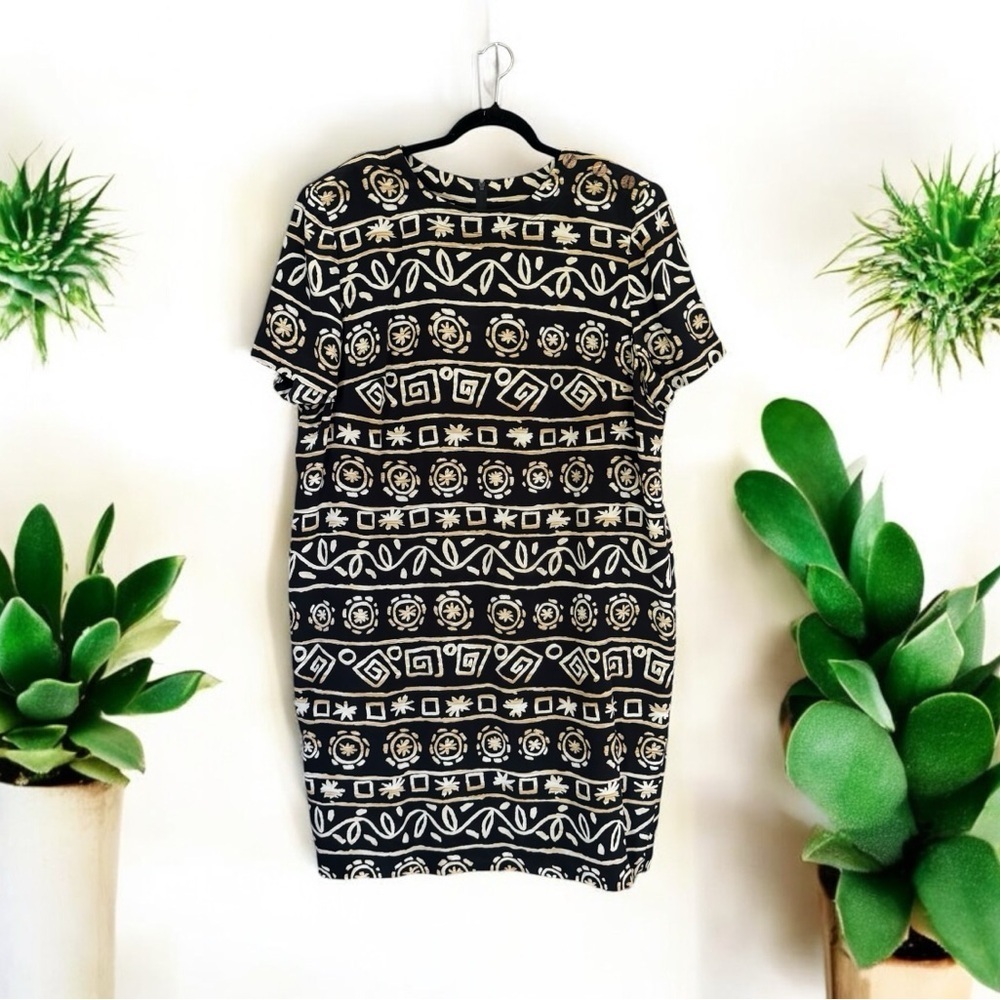 Maggy London Black and Cream Geometric Tribal Mini Dress with Wooden Buttons